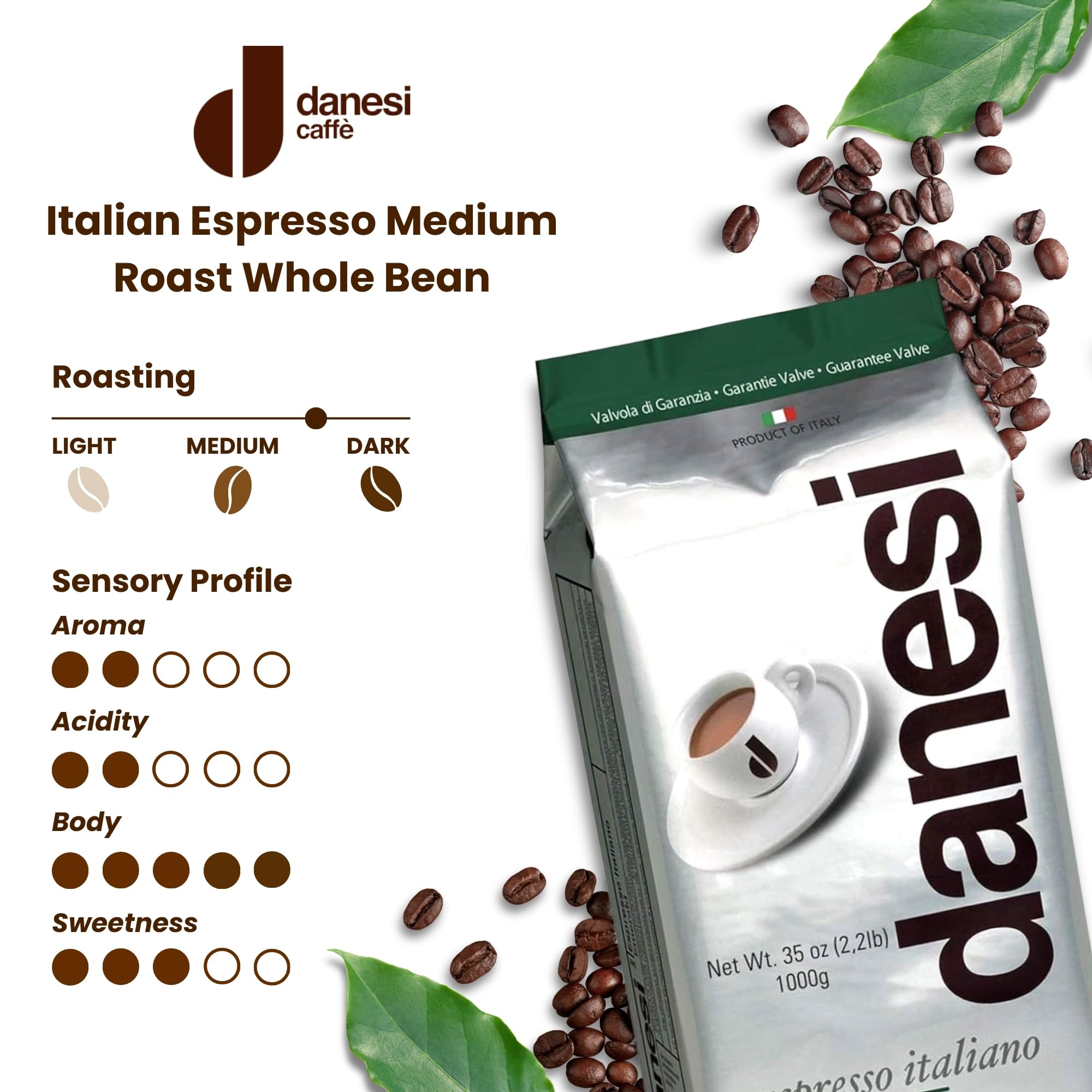 Danesi Caffe Emerald Whole Bean Coffee, Medium Roast (2.2 lb)