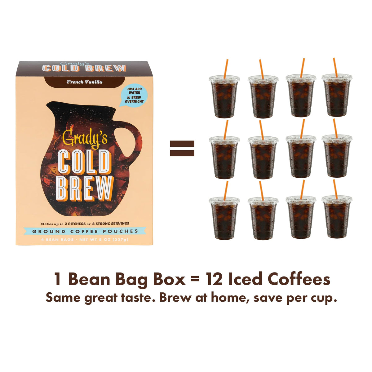 GRADY’S COLD BREW, French Vanilla, 100% Arabica Ground Coffee & Chicory Pouches, ONE Box with 4 Easy-to-Brew Bean Bags, Makes 12 drinks