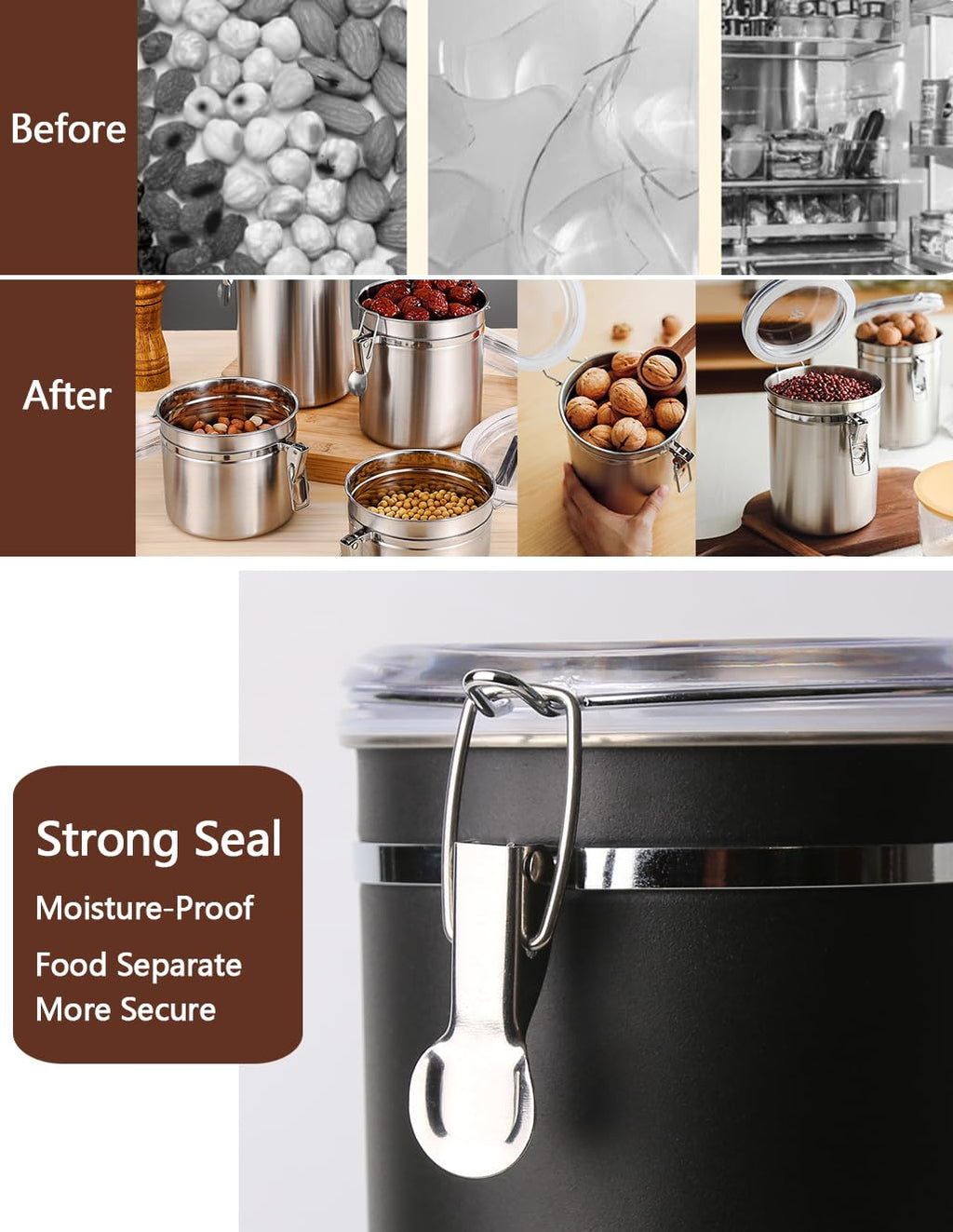 Walktosun Stainless Steel Food Container with Clear Lids Airtight Storage Container Stackable Small Canisters Kitchen Pantry Storage for Cereal, Snacks, Candy, Herbs, Spices, Sugar, Tea (1.2L Black)
