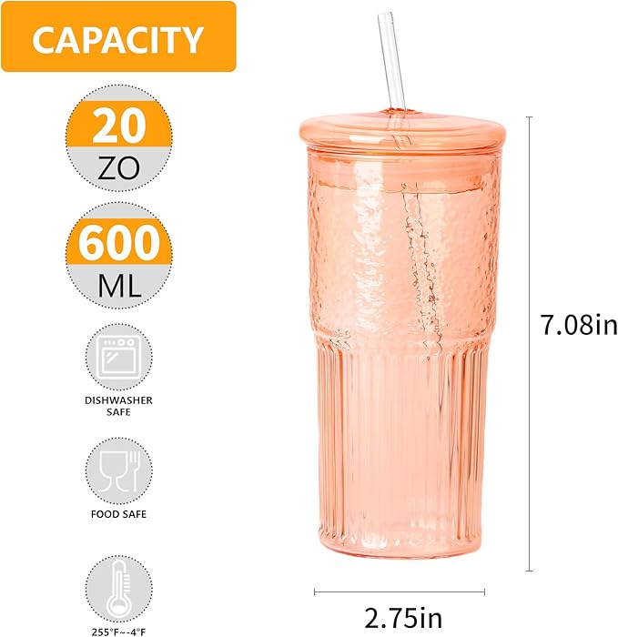20 OZ Glass Cup with Lids and Glass Straws, High Borosilicate Iced Coffee Glass Tumblers with Lid and Straw for Drinks, 2pcs Reusable Wide Mouth Smoothie Cup(Orange)