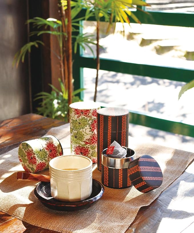 Japanese Pokkan Coffee Spice Tea Tin Canister Washi Paper Storage with Lid 7.05 oz Capacity (Eto)