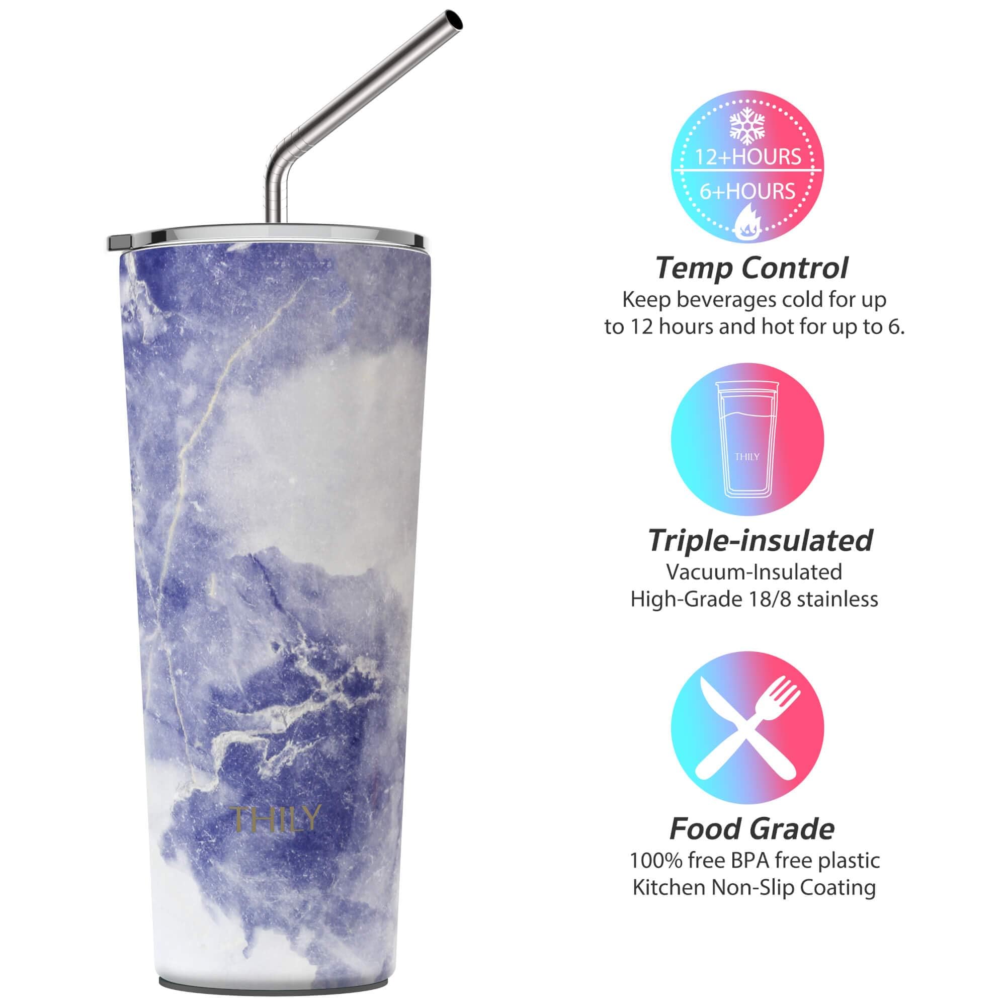 THILY Stainless Steel Vacuum Insulated Tumbler 26 oz Triple-Insulated Travel Mug with Splash-Proof Lid, for Iced Coffee and Hot Beverage, Gold Marble + Blue Marble
