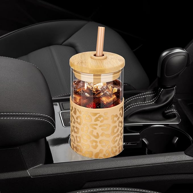 Tronco 20 oz Glass Tumbler with Straw and Lid- Glass Cup with Lid and Straw, Iced Coffee Cup Reusable, Smoothie Cups, Bamboo Lid and Protective Silicone Sleeve - BPA-Free