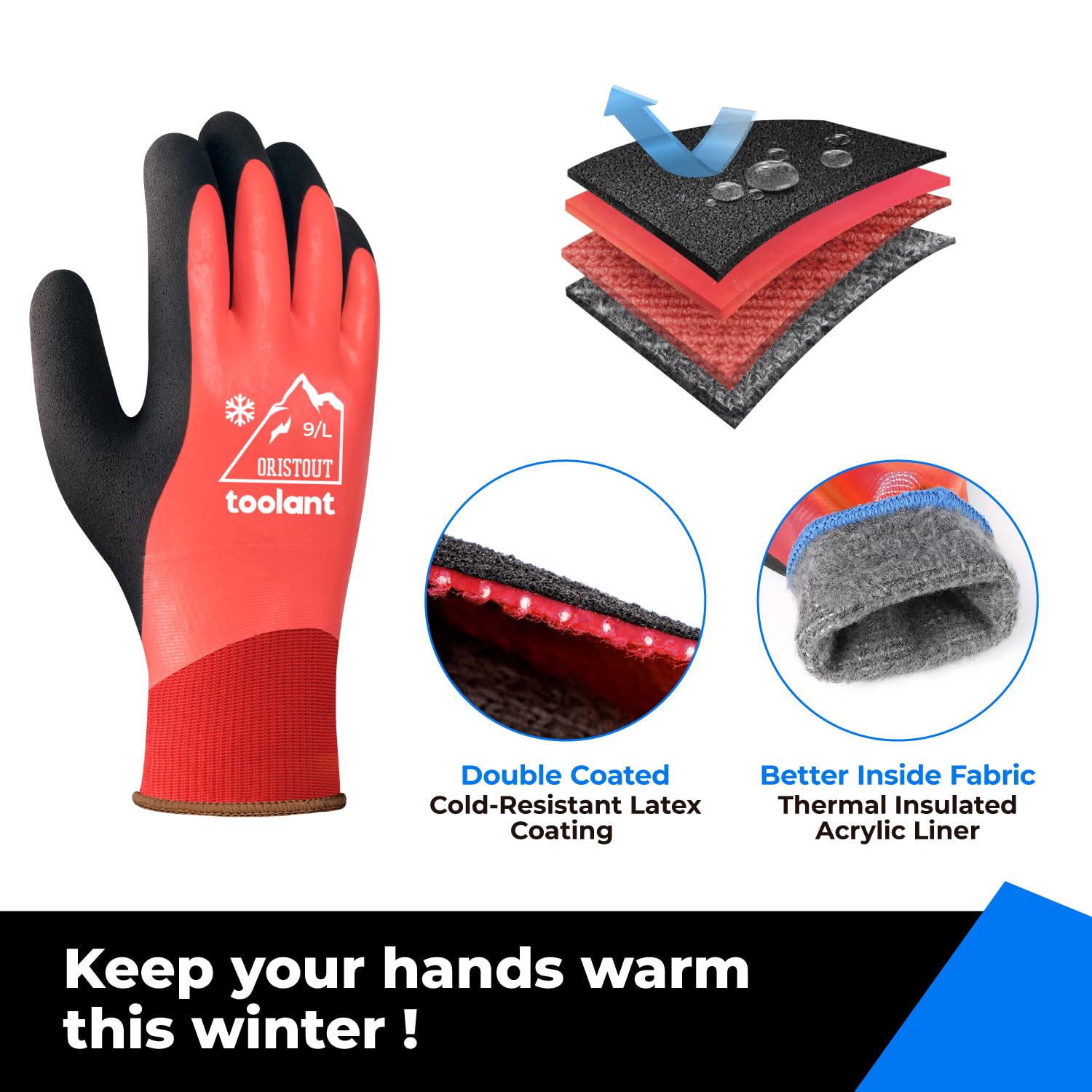 OriStout Waterproof Winter Work Gloves for Men and Women, 2 Pairs, Red, L