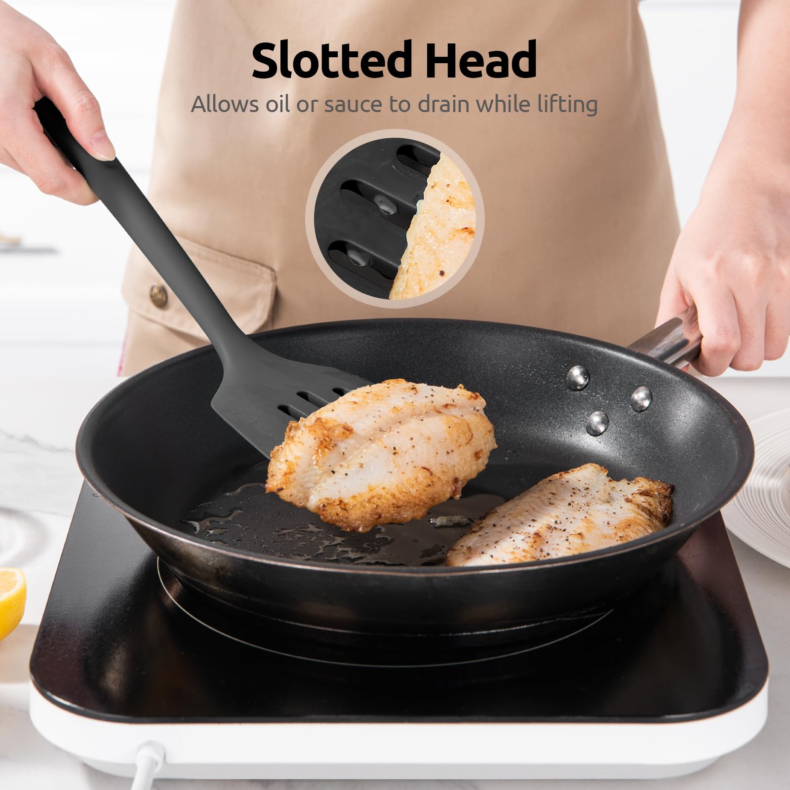 U-Taste Silicone Turner Slotted Spatula, 13.6" Long/3.7" Wide, Black