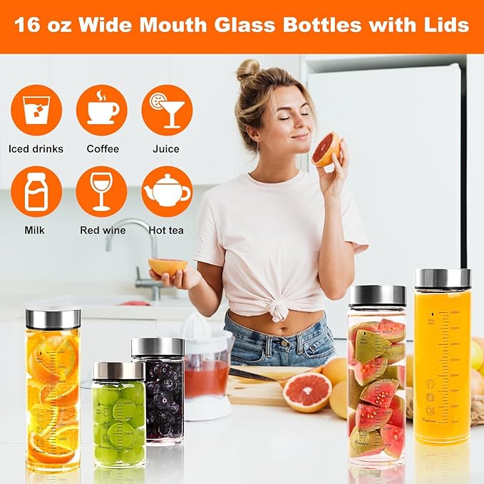 Glass Juice Bottles 4 Pack 16 oz - Wide Mouth Glass Water Bottles with Lids - for Juicing, Protein, Smoothie, Milk, Reusable, BPA Free, Stainless Steel Lids, Blender, Shaker Bottle (16oz/500ml)