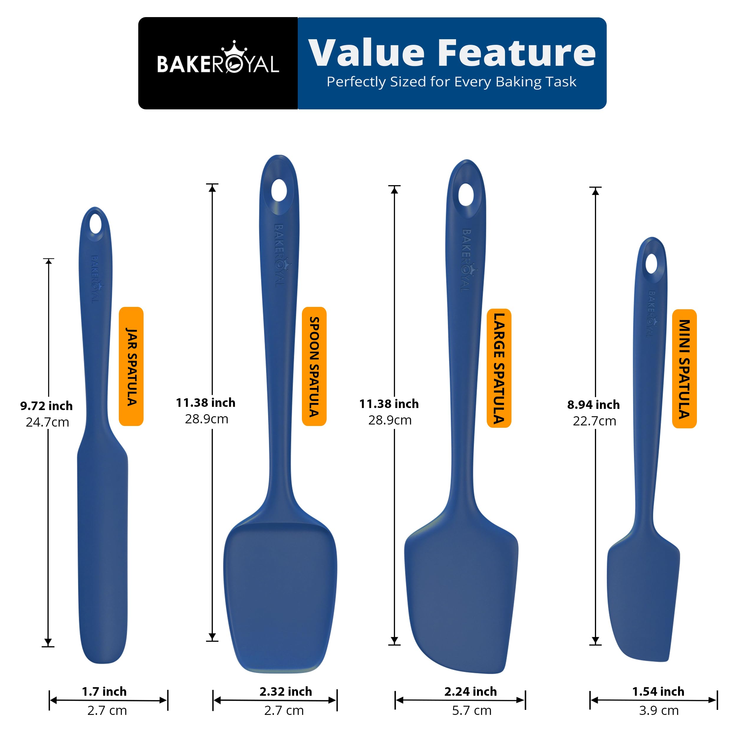 BakeRoyal Silicone Spatula Set - 4-Piece Rubber Spatulas Silicone Heat Resistant 600°F for Everyday Task - Seamless Design Kitchen Spatulas for Nonstick Cookware