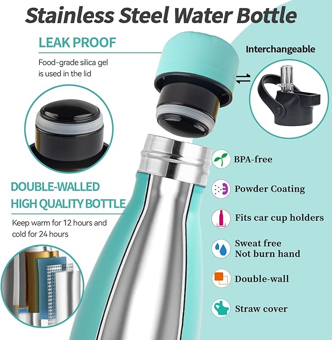 Insulated Water Bottle, 2 Pack-9oz Stainless Steel Water Bottles with straw lid, Metal Sports Water Bottles for Boys,Girls, Double Wall Vacuum BPA-Free Flask for School, Sports (Pink-Green)