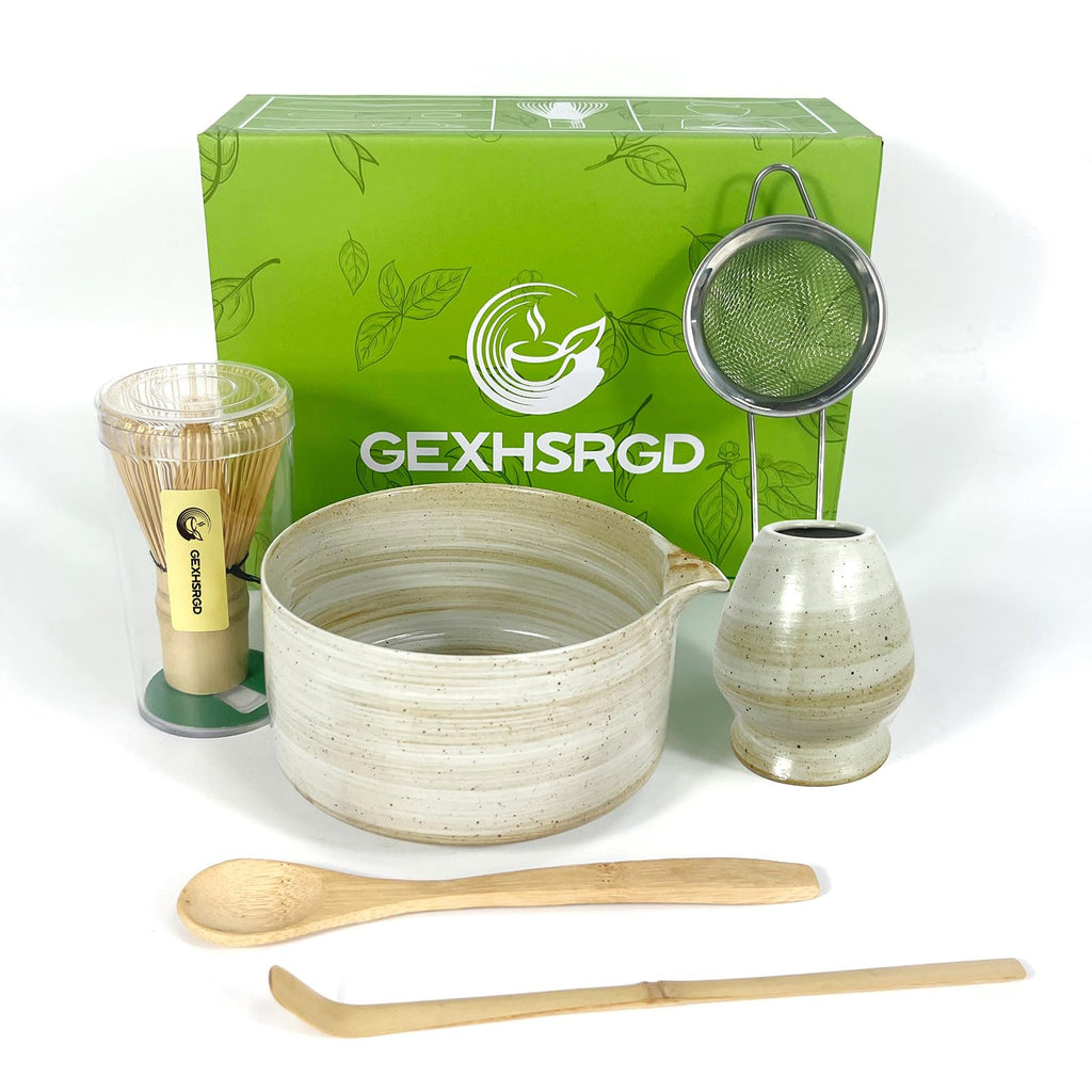 GEXHSRGD Matcha Whisk Set 6 pc Kit - Traditional Japanese Chasen, Bamboo Whisk Holder, Ceramic Bowl with Spout, Sifter & 2 pc Spoons - matcha kit set, Gift for Matcha Tea Lovers(Gray)