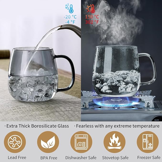 Glass Tea Cup with Infuser and Lid, 17.6oz/520ml Large Borosilicate Teacup, Clear Mug for Loose Leaf Tea, Blooming Tea, Tea Bags - Perfect Christmas or Birthday Gift for Men
