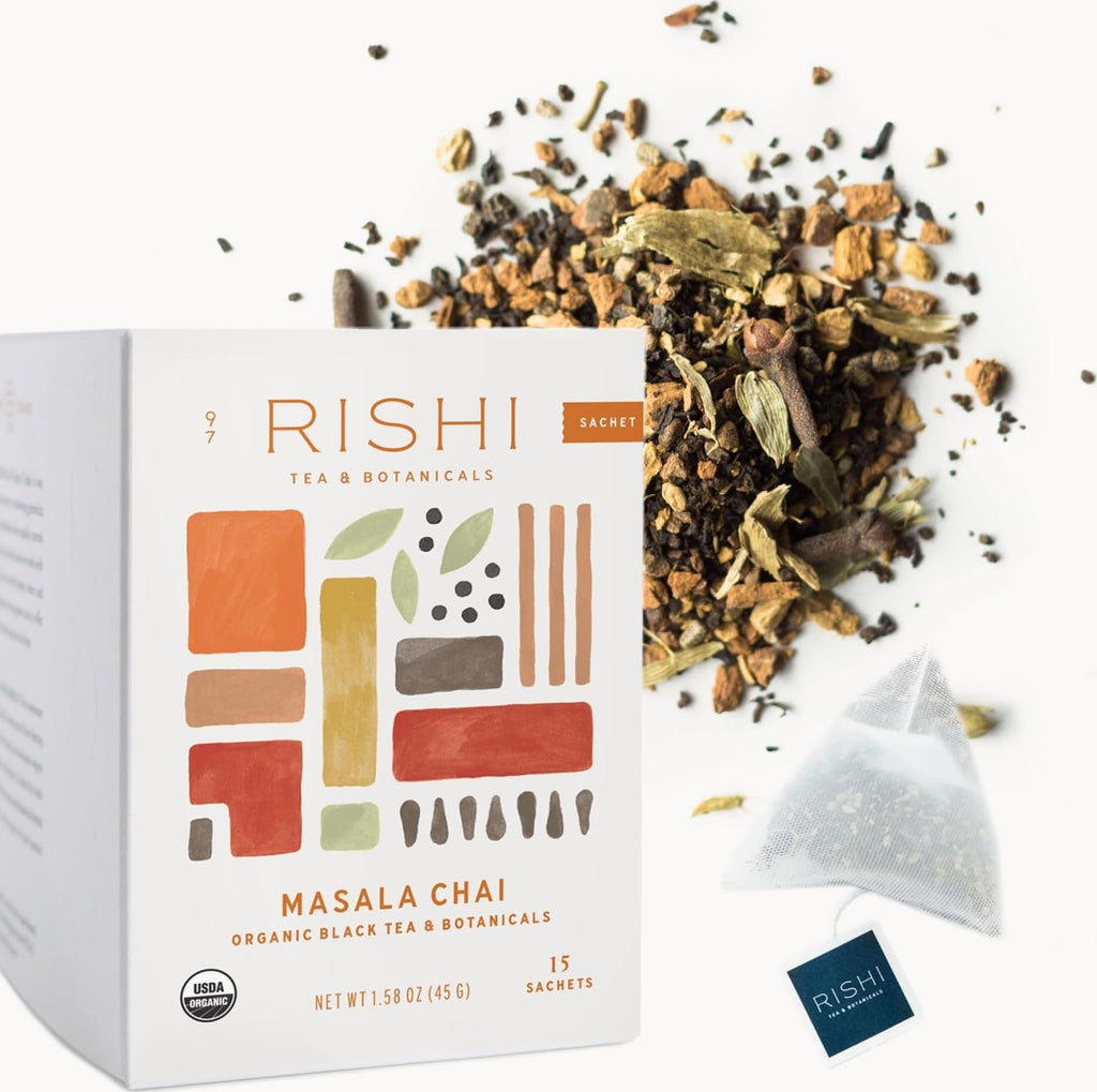 Rishi Tea Masala Chai Organic Black Sachet Tea Bags, Caffeinated, 15ct