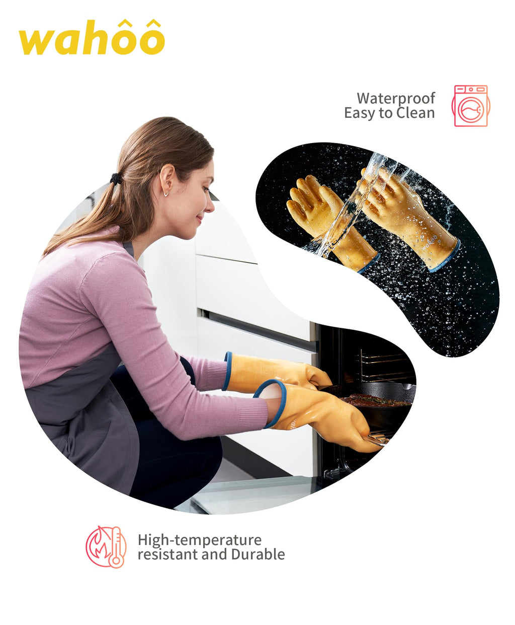 wahoo Professional Liquid Silicone Oven Mitts Gloves, Heat Resistant Gloves for Cooking, Baking, CoralAir Liner, 12 Inch, Yellow, Medium