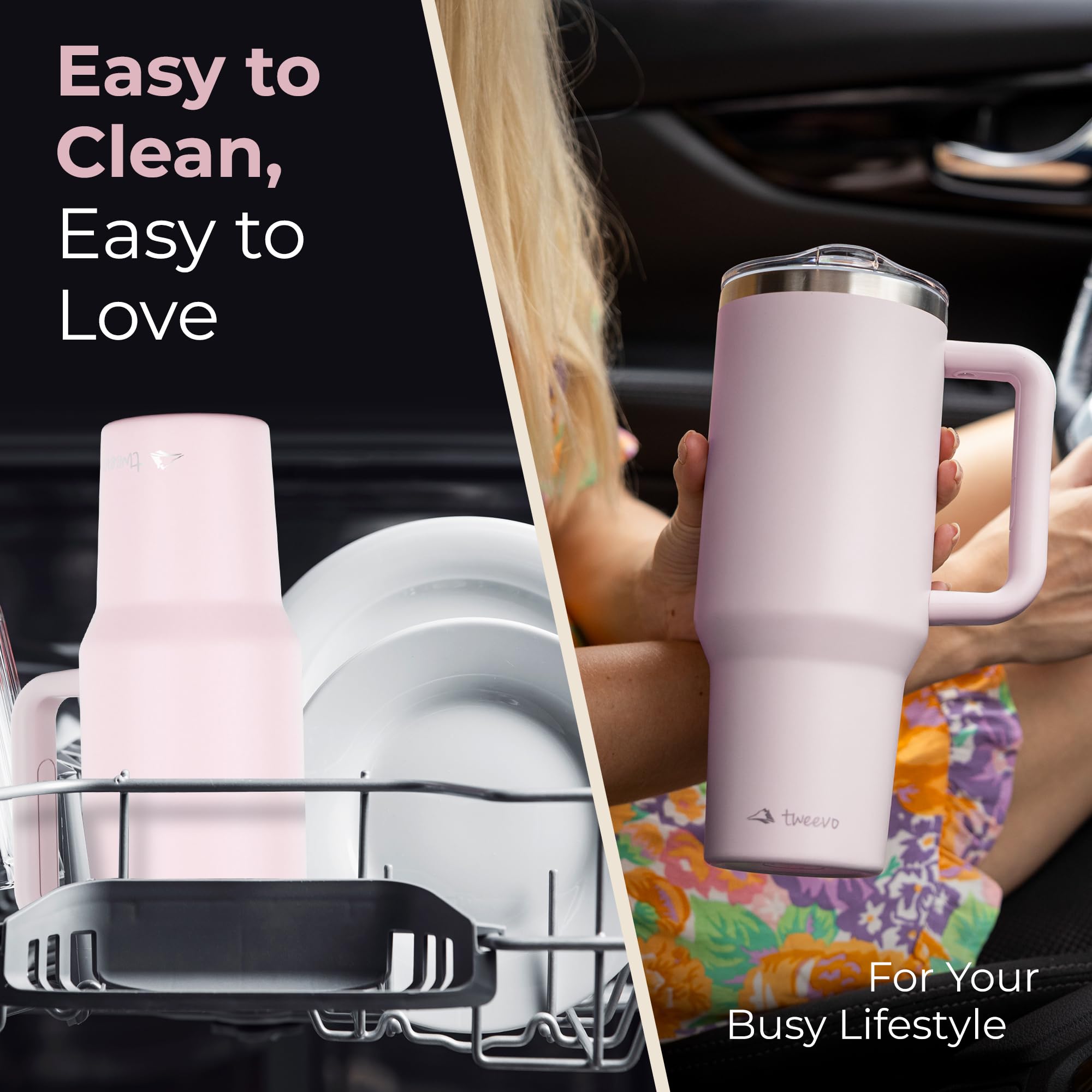 tweevo 40 oz Tumbler With Handle and Straw Made of Stainless Steel - Double Wall Vacuum Insulated Tumbler With Lid - Sweat Proof Easy Grip, BPA-Free, Dishwasher Safe Tumbler (Rose Quartz)