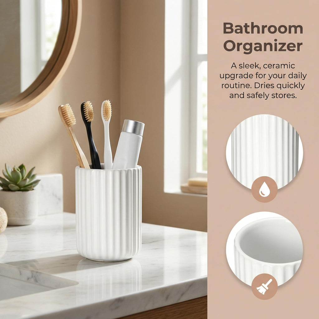 U-TIMES Ceramic Spoon Holder for Coffee Bar, Upright Tea Spoon Holder Cup, Coffee Stirrers Straws Stir Stick Holder, Cement Grey Fluted Surface