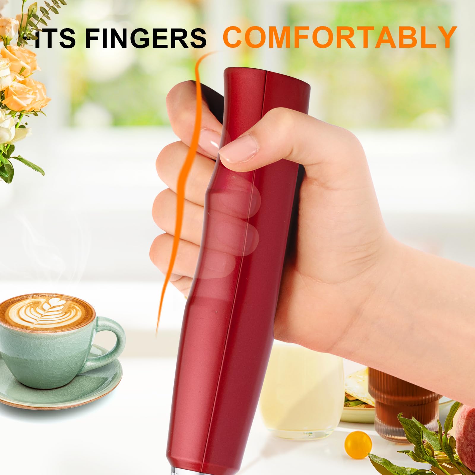 YUSWKO Handheld Milk Frother Wand for Coffee, Rechargeable Electric Whisk with 3 Heads 3 Speeds Drink Mixer Coffee Frother For Latte, Cappuccino, Hot Chocolate, Egg, Red