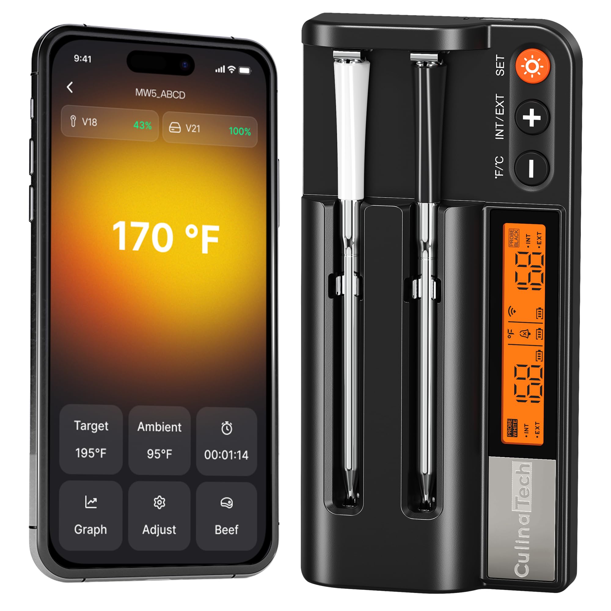 CulinaTech 750ft Wireless Meat Thermometer Long Range for Smoker, BBQ & Rotisserie, 2 Probes Smart Bluetooth Thermometer Dual Sensor Waterproof Probe with LCD Base Station Display & App Control