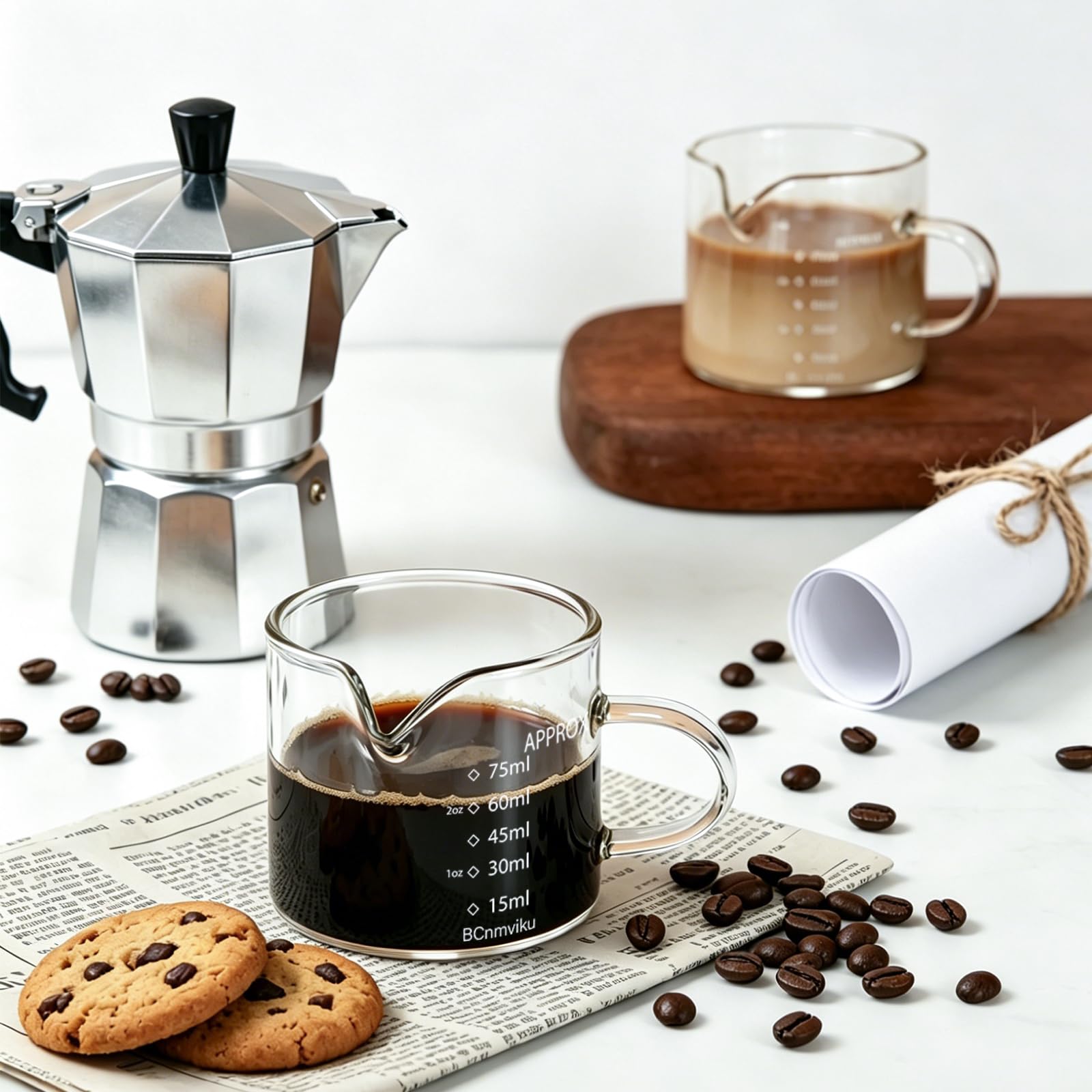 BCnmviku 2 PACK Espresso Glass Measuring Cup Triple Pitcher Milk Cup 75ML Espresso Cups with Handle Shot Glass with V-Shaped Mouth Clear Accessories Milk Frothing Pitcher (2)