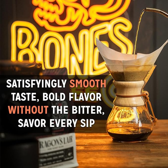Bones Coffee Company Macamaniac, Macadamia and Coconut Flavored Coffee, Medium Roast Low Acid Arabica Beans Compatible with Auto drip and French Press Coffee Maker, 12 Oz Ground