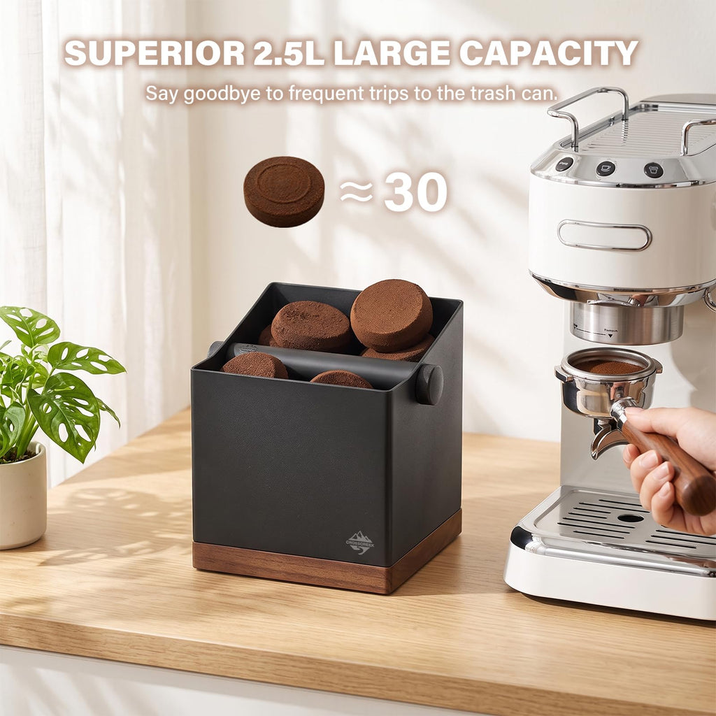 CrossCreek 2.5L Large Espresso Knock Box - Metal & Walnut Wood Coffee Grounds Container for Home Bar, Shock-Absorbent Removable Silicone Knock Bar, Non-Slip Base Coffee Puck Bin for Espresso Station
