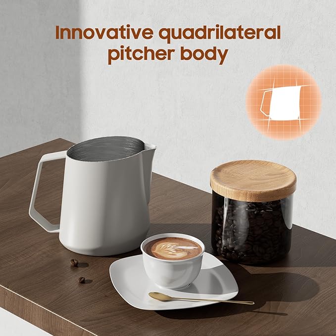 MHW-3BOMBER Milk Frothing Pitcher - 20oz/600ml Milk Frother Cup with U-Shaped Spout - SUS 304 Steaming Pitcher - Cappuccino Latte Art Cup for Barista - Quadrilateral Body - P5184-OS