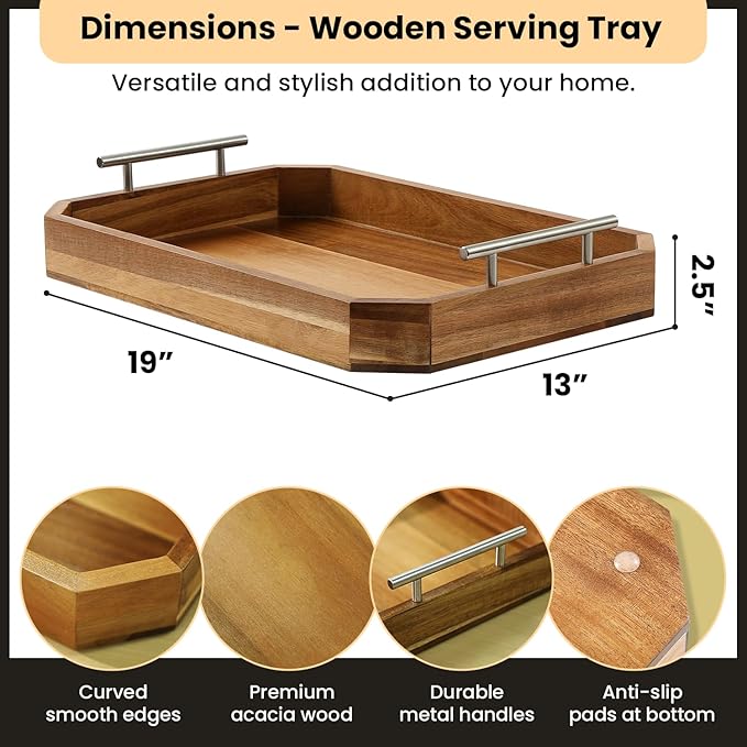 Wooden Serving Tray with Handles – Premium Acacia Wood Tray for Couch, Coffee Table, Ottoman, or Bar – Rustic Walnut & Dark Wood Serving for Drinks, Snacks, Breakfast, and Meal