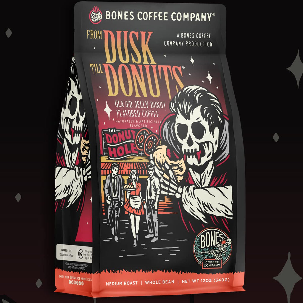 Bones Coffee Company From Dusk Till Donuts Jelly Donuts Flavored Coffee, Medium Roast Low Acid Arabica Beans Compatible with Auto drip and French Press Coffee Maker, 12 Oz Ground