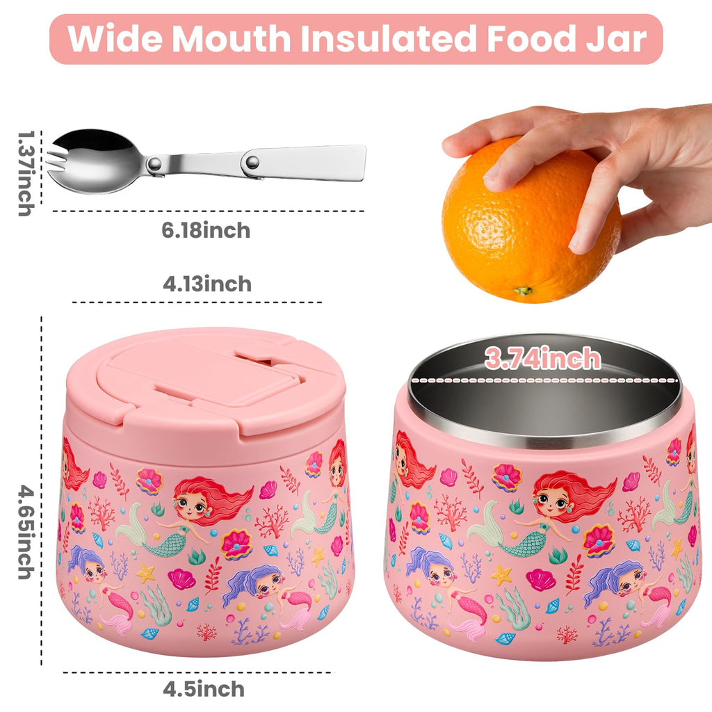 14oz Insulated Vacuum Food Jar with Buckle Lid,Soup Thermo for Hot Food Kids,Wide Mouth Leakproof Stainless Steel Lunch Container with Spoon-Mermaid