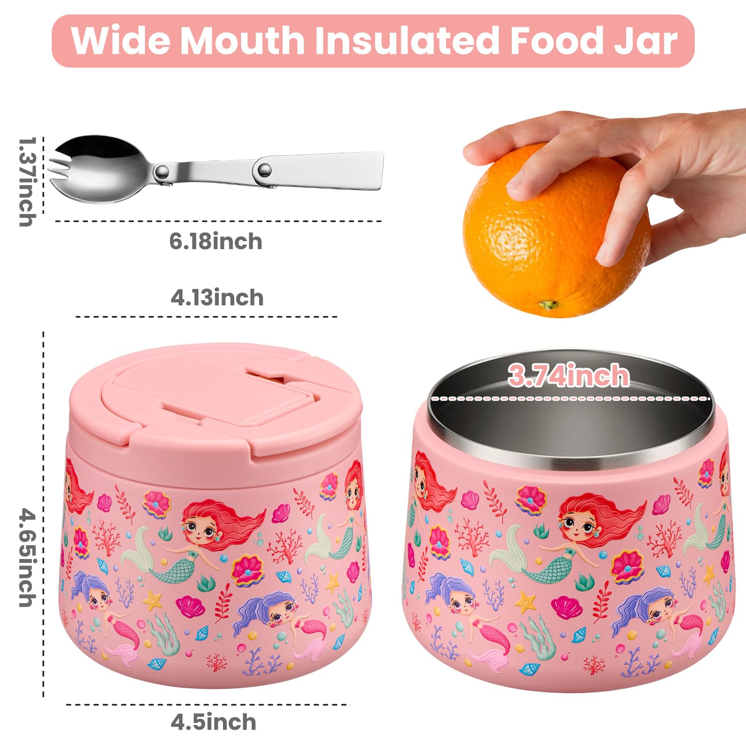 14oz Insulated Vacuum Food Jar with Buckle Lid,Soup Thermo for Hot Food Kids,Wide Mouth Leakproof Stainless Steel Lunch Container with Spoon-Mermaid