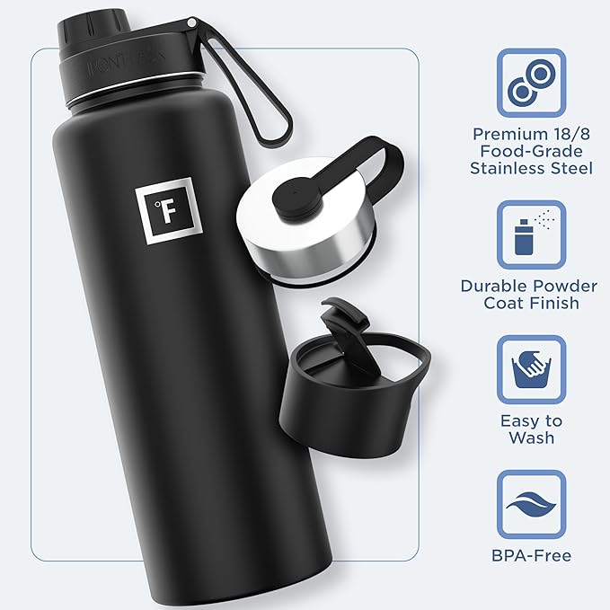 IRON °FLASK Camping & Hiking Hydration Flask with 3 Lids - Stainless Steel, Double Walled & Vacuum Insulated Water Bottle - Leak Proof & BPA Free (Sky, Spout - 40 oz)