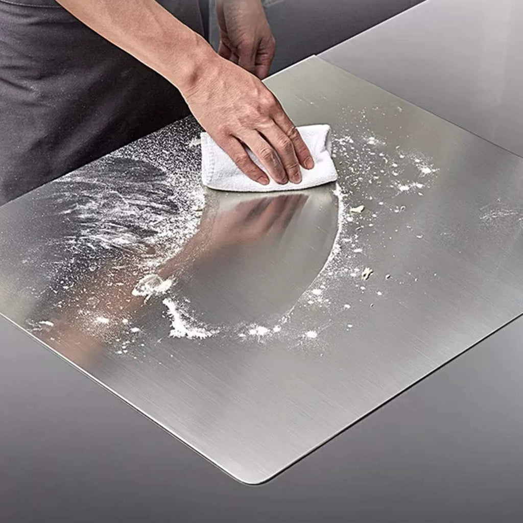 KORVOS Stainless Steel Cutting Board, 15.7" x 11.8" Double-Sided Cutting Boards for Kitchen, Metal Chopping Board with Lip&Non-Slip Mat, Easy to Clean, Suitable for Meat Fruits & Baking