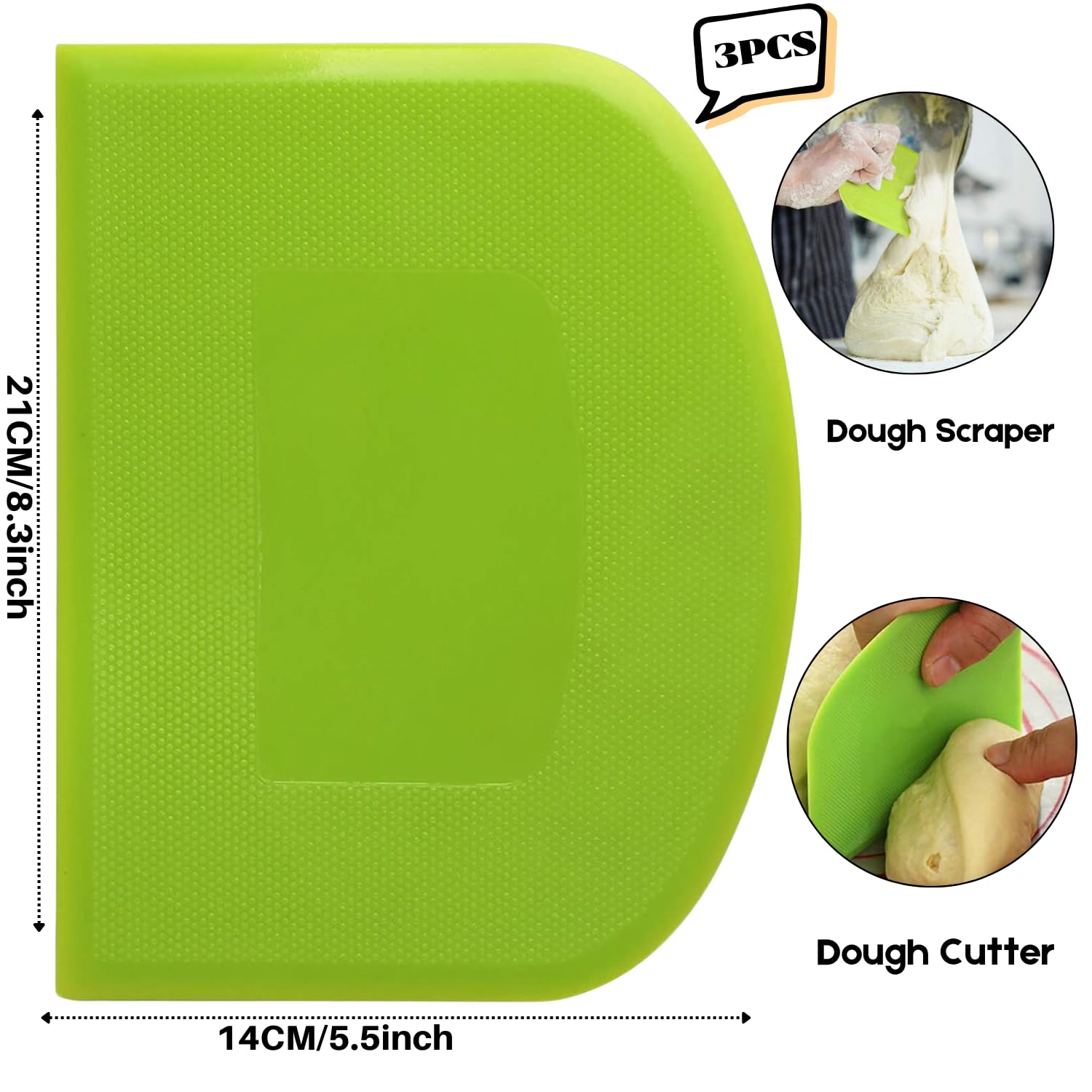 SURDOCA Dough Scraper Bench Scraper - 3P 8.3x5.5" Plastic Flexible Bowl Scraper, Sharp Edge & Angles Cake Scraper. Non-Slip Bakeware Decorating Tools Sculpting & Modeling Tools - Green+Pink+Yellow
