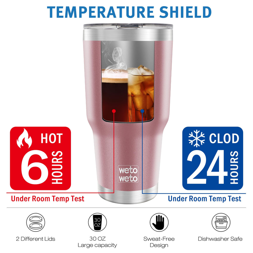 WETOWETO 30oz Tumbler, Stainless Steel Vacuum Insulated Water Coffee Tumbler Cup, Double Wall Powder Coated Spill-Proof Travel Mug Thermal Cup for Home Outdoor (Rose Gold, 1 Pack)