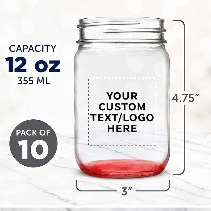 DISCOUNT PROMOS Custom Decorating Mason Jars 12 oz. Set of 10, Personalized Bulk Pack - Glass Jars for Overnight Oats, Candies, Fruits, Pickles, Spices, Beverages - Red