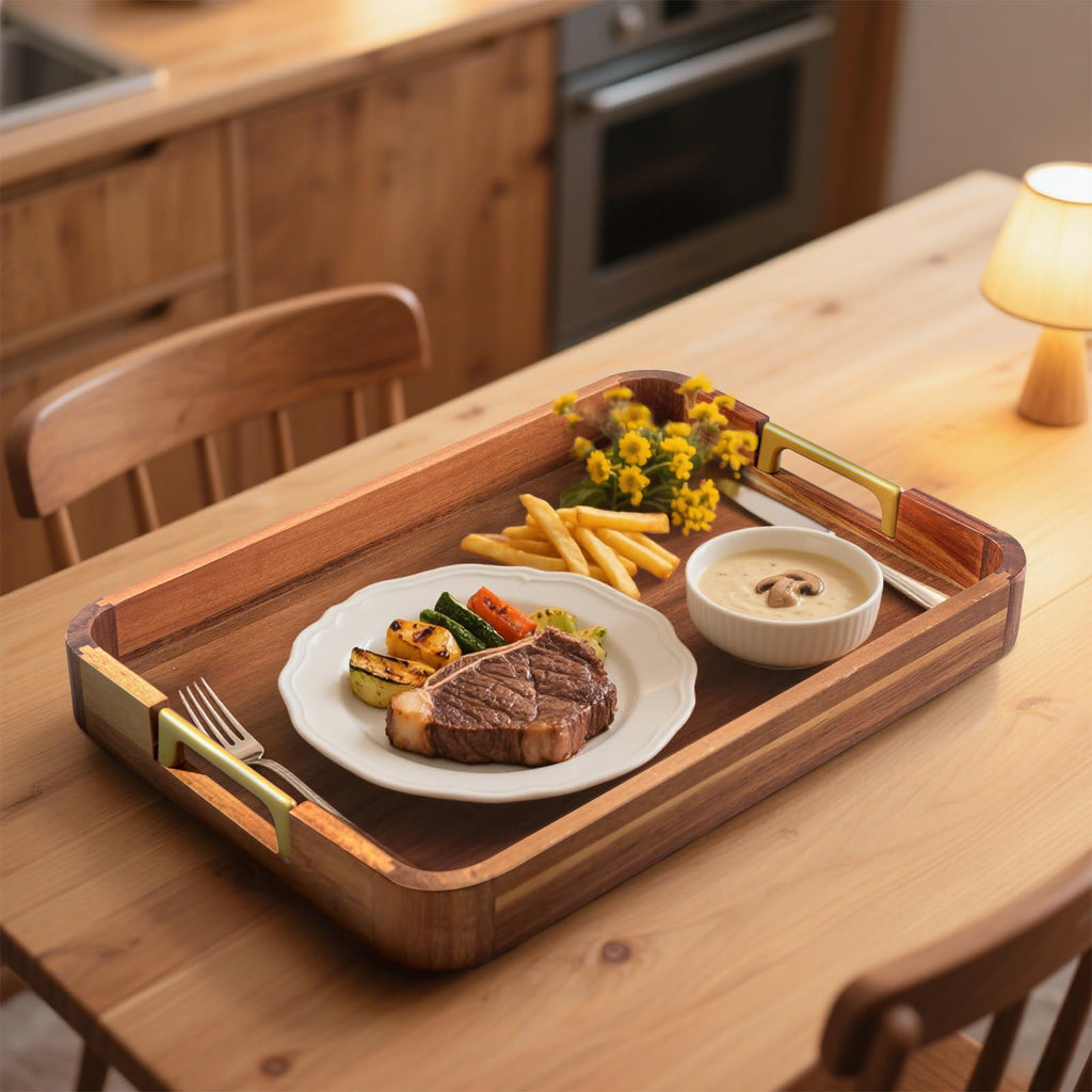 Acacia Wood Serving Tray with Metal Handles, 17x12in Food Drinks Tray for Coffee Table, Breakfast, Dinner & Bar, Rustic Decorative Storage Tray for Ottoman, Kitchen, Parties