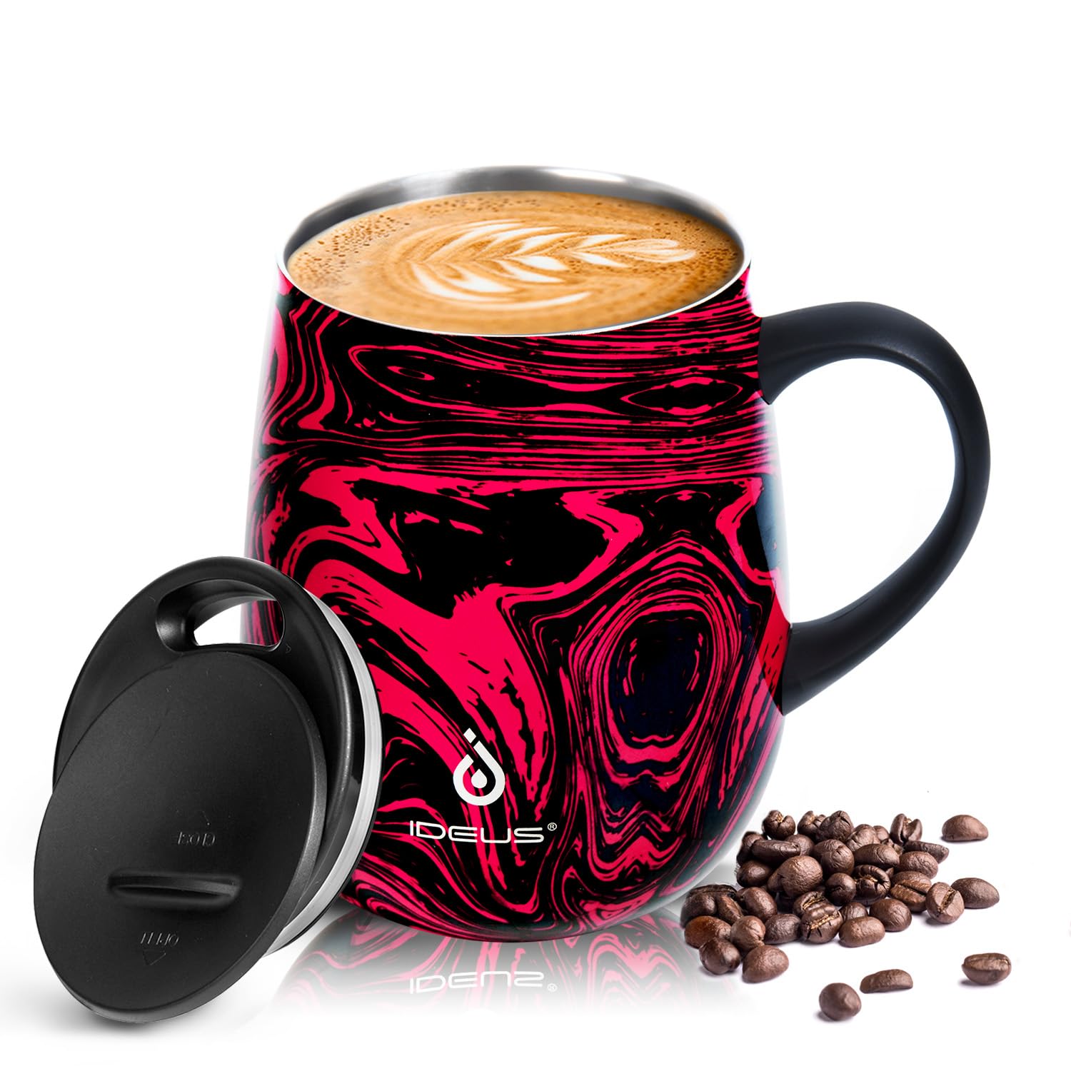 Ideus 16 oz (470 ml) Insulated Coffee Mug with Handle and Lid, Double Wall Stainless Steel Vacuum Thermal Coffee Mug, Travel Coffee Cup Thermal Cup for Home and Office (Red Zebra)