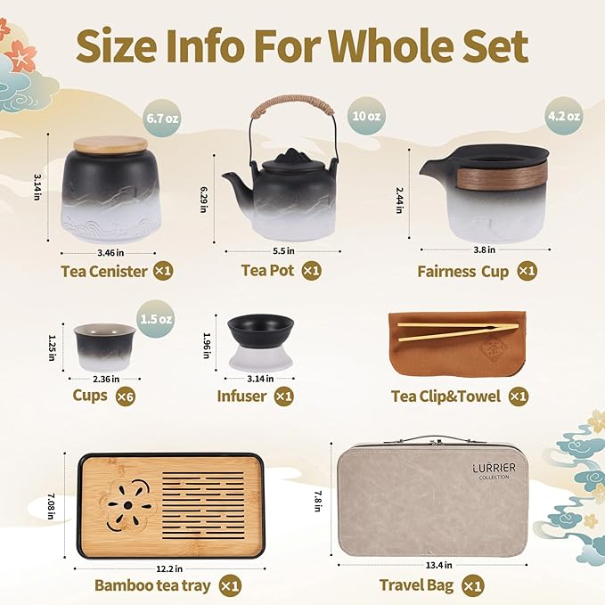 LURRIER Gongfu tea sets, Portable Ceramic TeaSet, Asian Tea sets for adult, Tea Gift sets, Grey leather case, Portable Travel Bag,Home,Gifting,Outdoor and Office(Black and White)