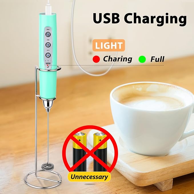 Milk Frother with Stand Rechargeable- Handheld Coffee Frother with 3 Stainless Whisks 3 Speed Adjustable, Electric Whisk Drink Mixer, Foam Maker Blender for Matcha Latte Cappuccino Chocolate
