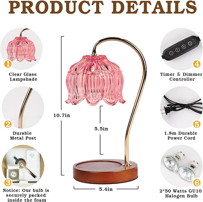 Pink Candle Warmer Lamp with Timer, Dimmable Candle Lamp Warmer, Birthday Gifts for Women Mom, House Warming for New Home Decor, Lotus Wax Melt Warmer for Jar Candles