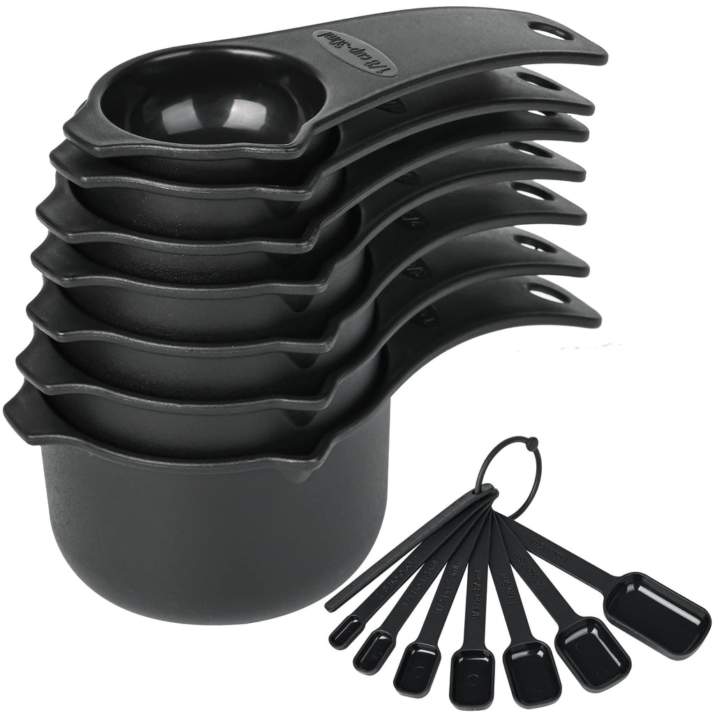 Kalsreui Measuring Cups and Spoons Set 15, 7 Plastic Measuring Cup Spoon Set, 7 Spice Long Handle Measuring Spoons with 1 Leveler for Kitchen and Baking, Dry Metric Measure Cups & Spoons Black