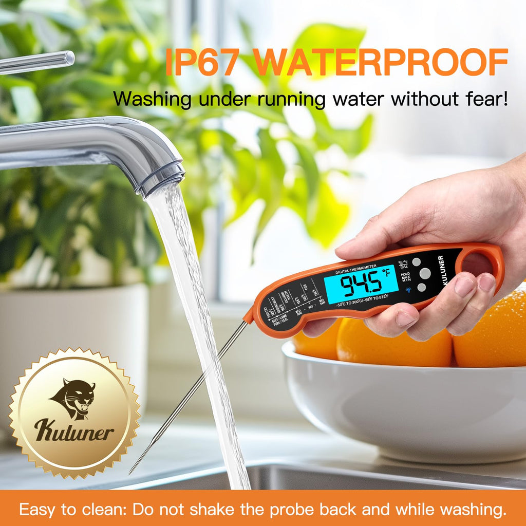 KULUNER Digital Meat Thermometer Instant Read, Orange Waterproof Food Thermometer with 4.6" Folding Probe, Backlight & Calibration, 2-3s Fast Reading for Kitchen BBQ Grilling Cooking - Orange