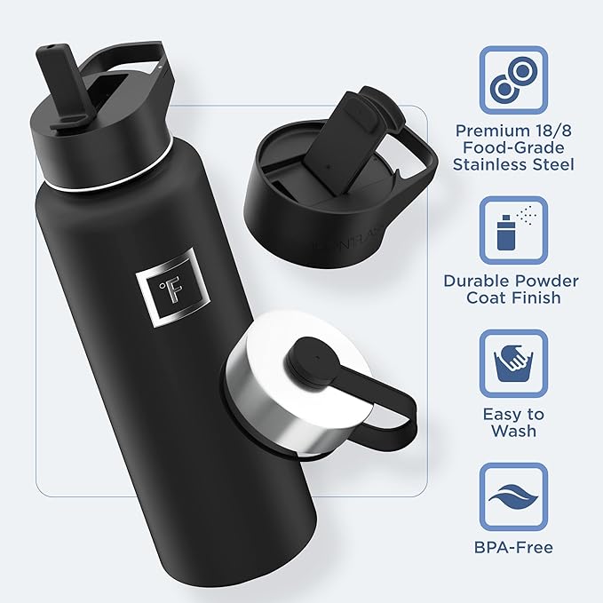 IRON °FLASK Camping & Hiking Hydration Flask with 3 Lids - Stainless Steel, Double Walled & Vacuum Insulated Water Bottle - Leak Proof & BPA Free (Cobalt, Straw - 40 oz)