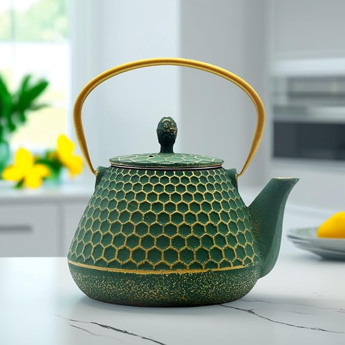 Cast Iron Tea Kettle, Japanese Tetsubin Teapot Coated with Enameled Interior, Durable Cast Iron Teapot with Stainless Steel Infuser for Stovetop Safe(1000ml/34oz)