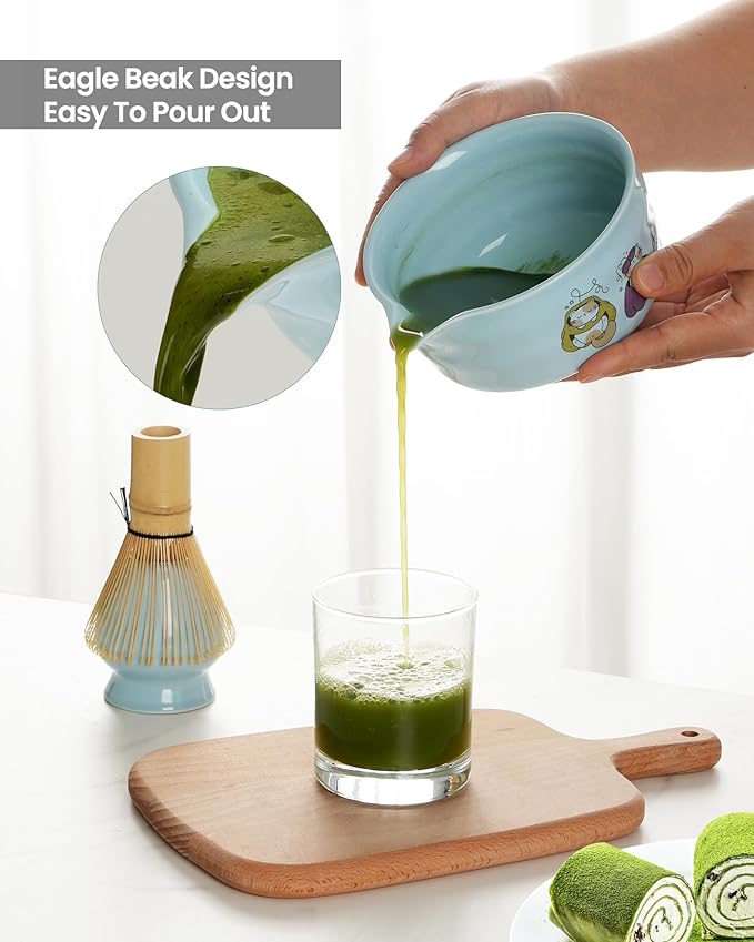 Matcha Whisk Set, Ceramic Matcha Set Includes Matcha Bowl, Matcha Whisk and Holder, Bamboo Scoop, Scoop Rest, Sifter and Tea Towel - 7 Pcs Matcha Kit(Blue)