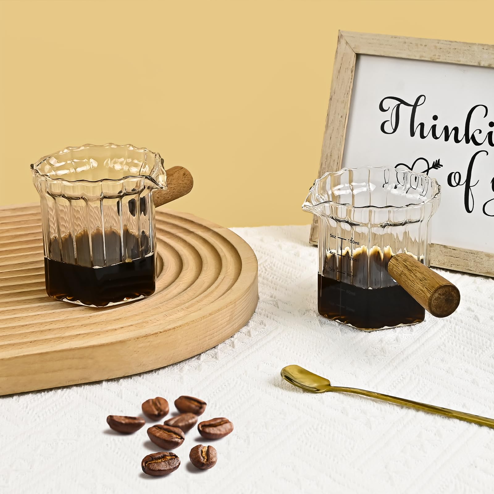 Denovin Glass Measuring Cup, 5oz Espresso Shot Glass with Wood Handle