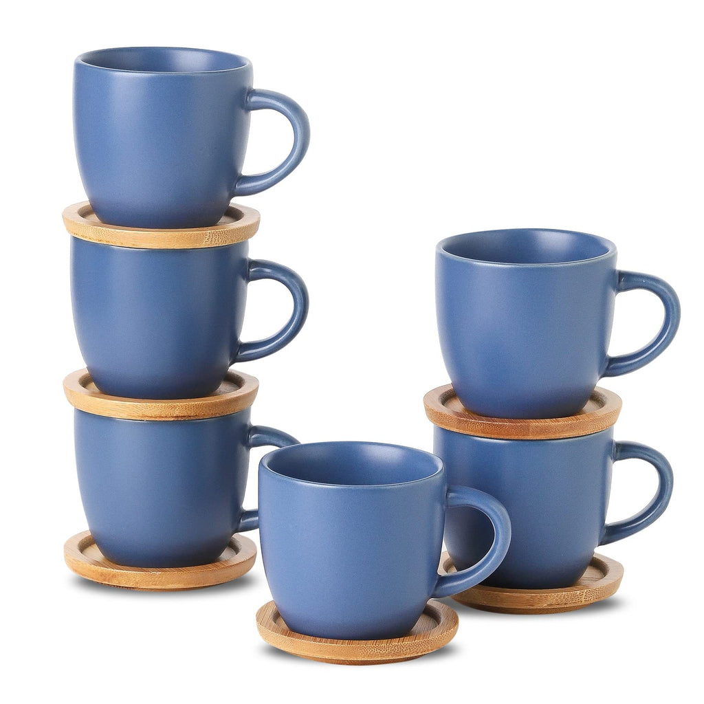 Hasense Espresso Cups and Saucers Set of 6, Demitasse Cups with Handle for Coffee Drinks, Latte, Cappuccino, Cafe Mocha and Tea, 4 Ounce Porcelain Coffee Cups for Coffee Bar Home and Party, Blue