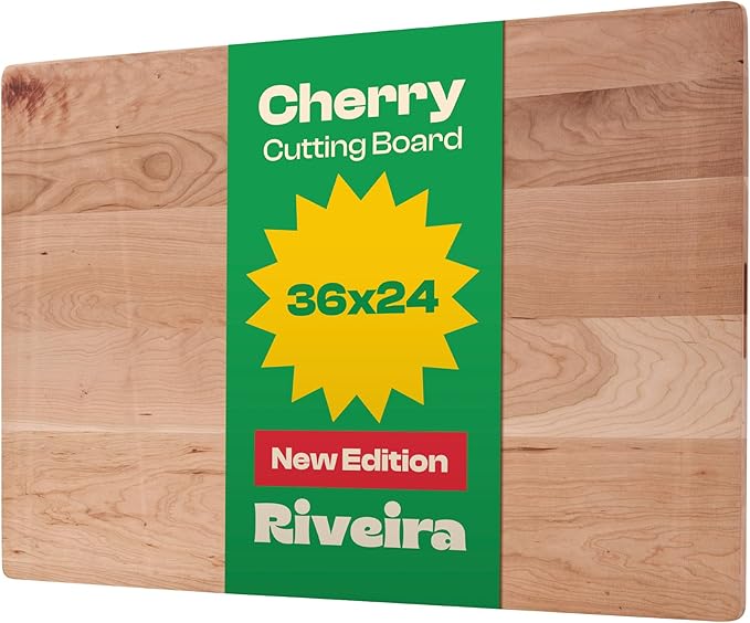 Riveira Cherry Wood Cutting Board – Gourmet Black Cherry Grandeur: 36 x 24 Wooden Cutting Board – Wooden Cutting Boards For Kitchen Decorative – Innovative Juice Grooves Cherry Wooden Chopping Board