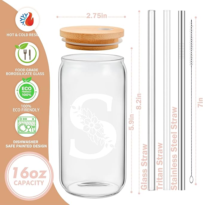 Personalized Gifts for Women, Monogrammed Glass Cups with Lids and Straws, Custom Tumbler, Cute Customized Mug, Aesthetic Stuff, Initial Iced Coffee Cup, Drinking Glasses, Birthday Teacher Gifts, J