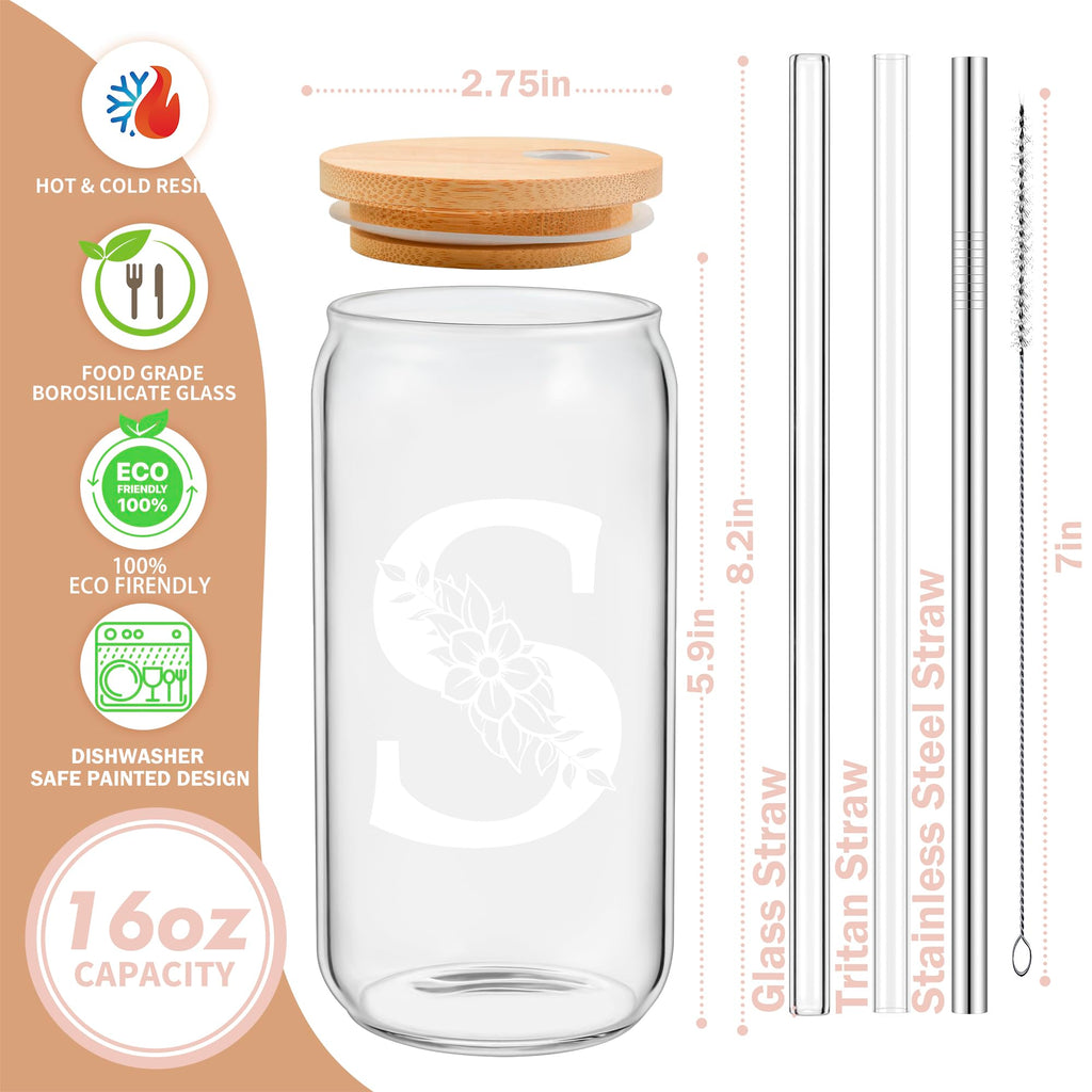 Personalized Gifts for Women, Monogrammed Glass Cups with Lids and Straws, Custom Tumbler, Cute Customized Mug, Aesthetic Stuff, Initial Iced Coffee Cup, Drinking Glasses, Birthday Teacher Gifts, J