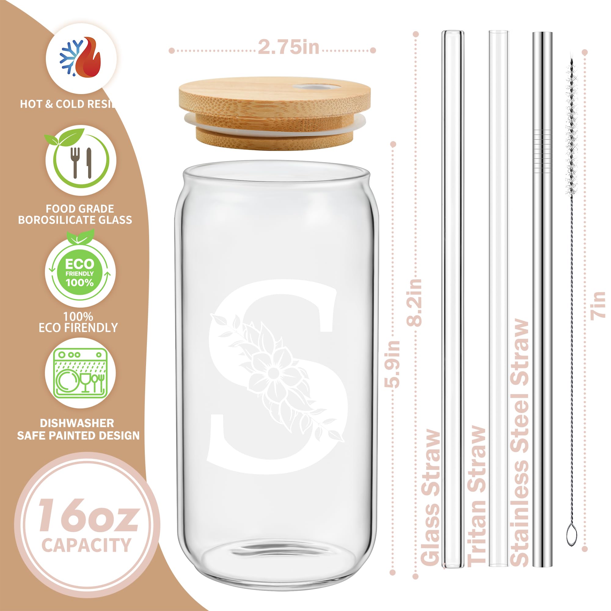 Personalized Gifts for Women, Monogrammed Glass Cups with Lids and Straws, Custom Tumbler, Cute Customized Mug, Aesthetic Stuff, Initial Iced Coffee Cup, Drinking Glasses, Birthday Teacher Gifts, J