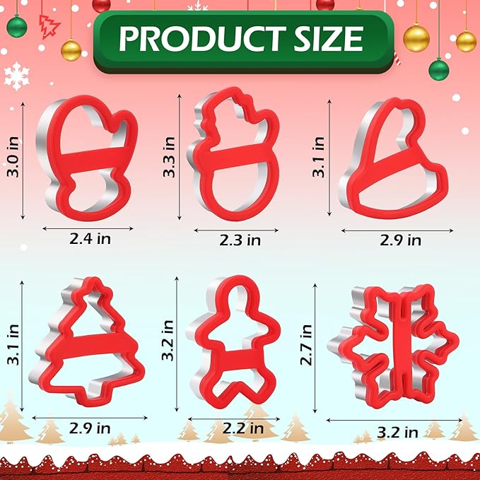 Christmas Cookie Cutters, 6 Pcs Holiday Cookie Cutter with Comfort Grip - Gingerbread Men, Christmas Tree, Snowflake, Santa Hat, Gloves, Snow Man Shapes Cookie Mold for Winter Holiday Party Supplies